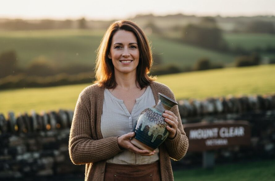 An inspiring 'Mount Clear Victoria advertising photography for local brands' shot, featuring a local artisan proudly presenting their handcrafted product at sunset, with the iconic Federation University clock tower subtly in the background, capturing a moment of entrepreneurial pride and local spirit.