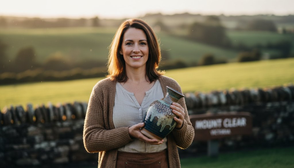 An inspiring 'Mount Clear Victoria advertising photography for local brands' shot, featuring a local artisan proudly presenting their handcrafted product at sunset, with the iconic Federation University clock tower subtly in the background, capturing a moment of entrepreneurial pride and local spirit.