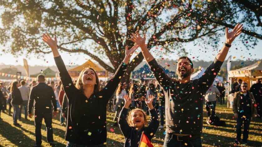 A stunning, cinematic 'epic moment' photograph capturing the joyful climax of a community festival in Mount Clear, Victoria, with colourful confetti showering a cheering crowd under golden hour light, expertly showcasing Mount Clear Victoria event photography storytelling.