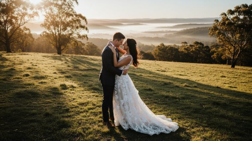 A breathtaking, emotionally resonant photograph of a newly married couple embracing under dramatic golden hour light in a picturesque Mount Clear garden, showcasing their joyful Mount Clear Victoria intimate wedding photography moment.