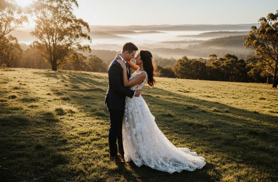 A breathtaking, emotionally resonant photograph of a newly married couple embracing under dramatic golden hour light in a picturesque Mount Clear garden, showcasing their joyful Mount Clear Victoria intimate wedding photography moment.