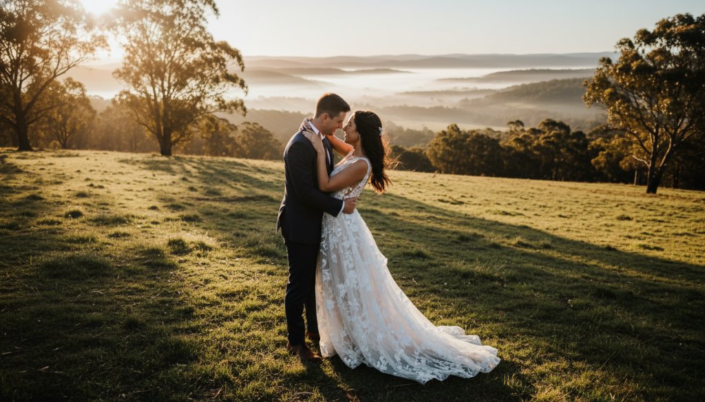 A breathtaking, emotionally resonant photograph of a newly married couple embracing under dramatic golden hour light in a picturesque Mount Clear garden, showcasing their joyful Mount Clear Victoria intimate wedding photography moment.