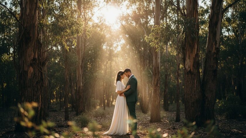 An epic, professionally color-graded photograph capturing a couple sharing a tender, romantic forest engagement moment during their Mount Clear Victoria pre-wedding photography, with dramatic backlighting filtering through eucalyptus trees at golden hour, showcasing their deep connection.