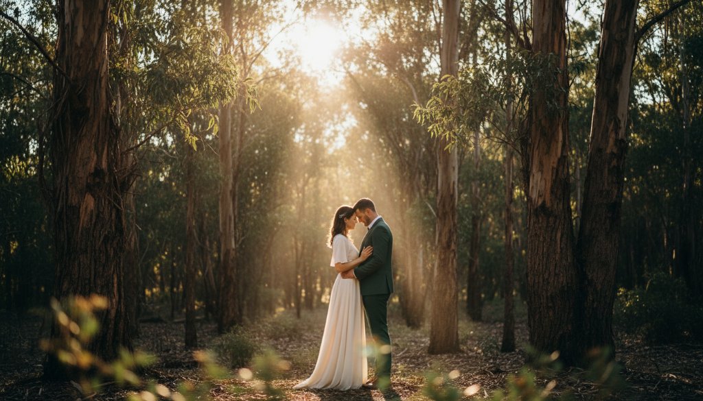 An epic, professionally color-graded photograph capturing a couple sharing a tender, romantic forest engagement moment during their Mount Clear Victoria pre-wedding photography, with dramatic backlighting filtering through eucalyptus trees at golden hour, showcasing their deep connection.