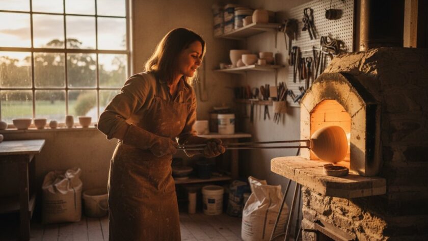 Dramatic wide shot of a local artisan in Mount Clear, Victoria, meticulously crafting a unique product in their workshop, bathed in warm, directional natural light, showcasing the authenticity and skill through Mount Clear Victoria professional brand story photography. The scene captures an epic moment of focused creation, with blurred workshop background hinting at the environment.