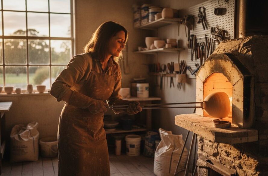 Dramatic wide shot of a local artisan in Mount Clear, Victoria, meticulously crafting a unique product in their workshop, bathed in warm, directional natural light, showcasing the authenticity and skill through Mount Clear Victoria professional brand story photography. The scene captures an epic moment of focused creation, with blurred workshop background hinting at the environment.