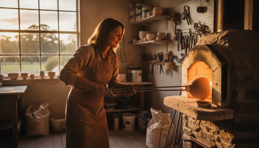 Dramatic wide shot of a local artisan in Mount Clear, Victoria, meticulously crafting a unique product in their workshop, bathed in warm, directional natural light, showcasing the authenticity and skill through Mount Clear Victoria professional brand story photography. The scene captures an epic moment of focused creation, with blurred workshop background hinting at the environment.