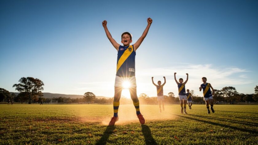 Dynamic wide shot capturing a thrilling moment of Mount Clear Youth Sports Photography Ballarat, featuring a young athlete scoring a goal on a sunny Australian sports field, with dramatic lighting and a sense of triumph.