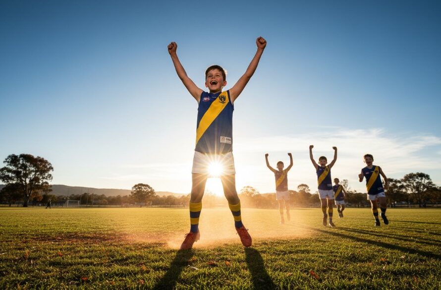 Dynamic wide shot capturing a thrilling moment of Mount Clear Youth Sports Photography Ballarat, featuring a young athlete scoring a goal on a sunny Australian sports field, with dramatic lighting and a sense of triumph.
