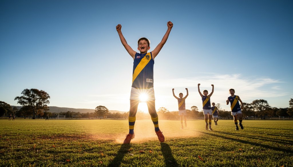 Dynamic wide shot capturing a thrilling moment of Mount Clear Youth Sports Photography Ballarat, featuring a young athlete scoring a goal on a sunny Australian sports field, with dramatic lighting and a sense of triumph.