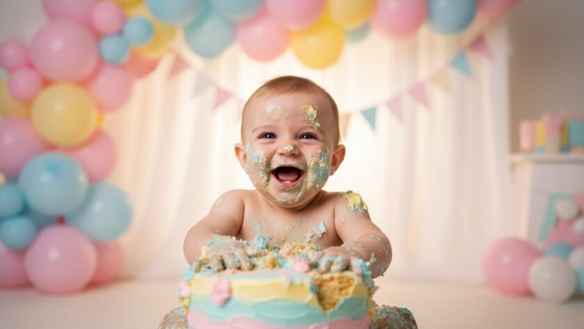 An adorable baby covered in cake, laughing joyfully amidst a colourful balloon arch in a professional studio setting, perfectly embodying Mount Helen Cake Smash Photography Joy for a first birthday celebration.
