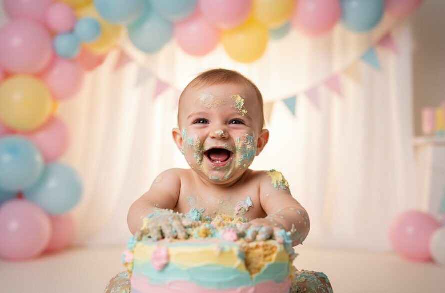 An adorable baby covered in cake, laughing joyfully amidst a colourful balloon arch in a professional studio setting, perfectly embodying Mount Helen Cake Smash Photography Joy for a first birthday celebration.