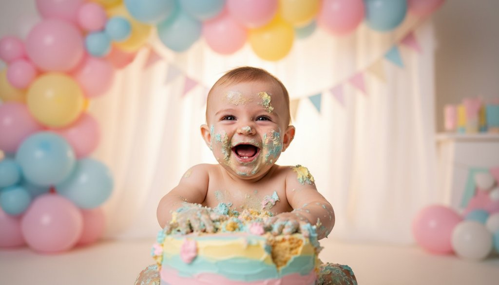 An adorable baby covered in cake, laughing joyfully amidst a colourful balloon arch in a professional studio setting, perfectly embodying Mount Helen Cake Smash Photography Joy for a first birthday celebration.