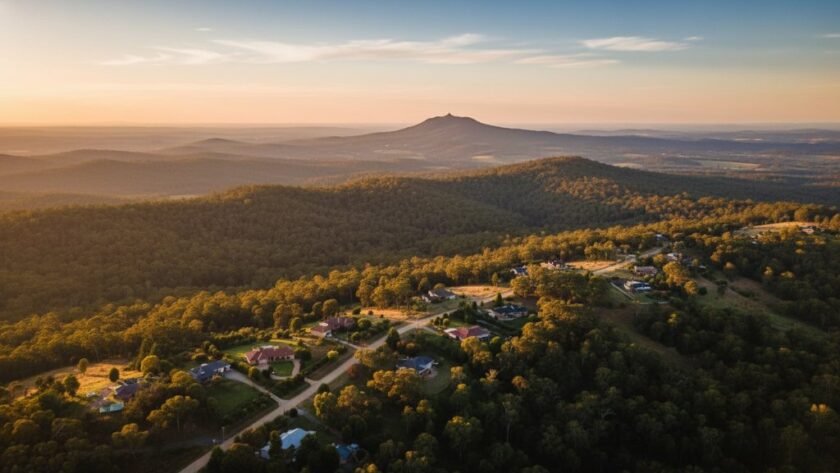 An epic drone shot showcasing the stunning landscapes of Mount Helen, Victoria, with golden hour light illuminating the iconic greenery and distant hills, captured through professional Mount Helen Drone Photography stunning landscapes.