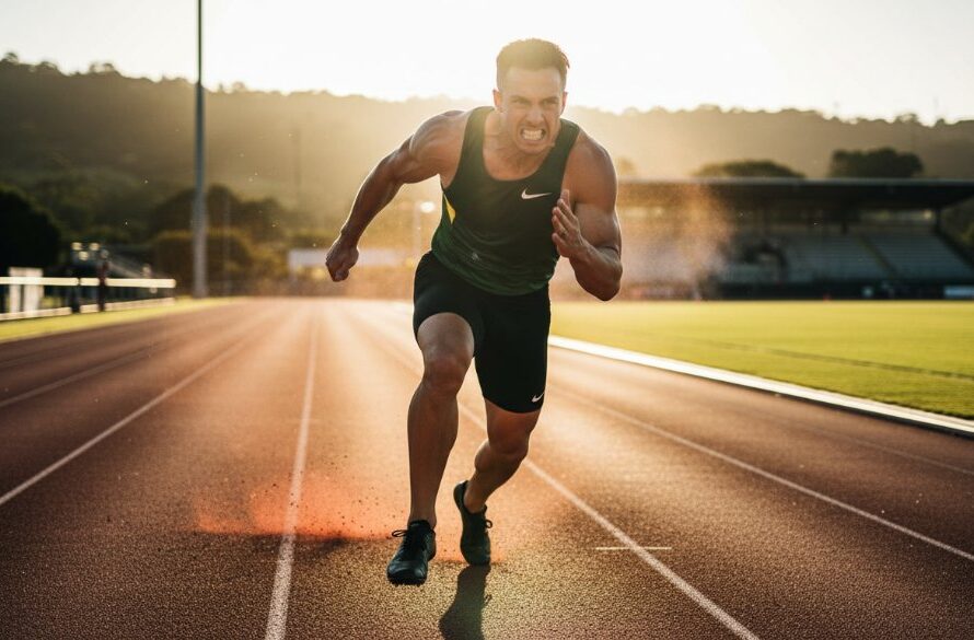 A dramatic, low-angle photograph capturing a young athlete mid-air, scoring a winning goal at a Mount Helen soccer pitch under golden hour light, showcasing Mount Helen dynamic sports photography capturing raw emotion with intense focus.