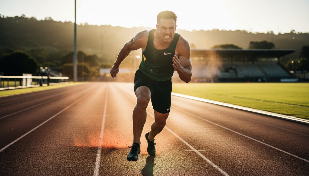 A dramatic, low-angle photograph capturing a young athlete mid-air, scoring a winning goal at a Mount Helen soccer pitch under golden hour light, showcasing Mount Helen dynamic sports photography capturing raw emotion with intense focus.