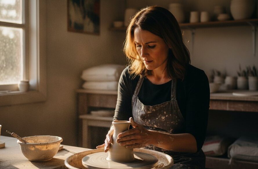 Dramatic Mount Helen editorial photography for authentic brand stories capturing a local artisan intensely focused on their craft in a sun-drenched workshop, showcasing dedication and brand essence.