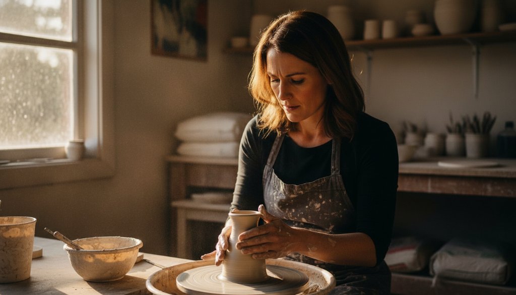 Dramatic Mount Helen editorial photography for authentic brand stories capturing a local artisan intensely focused on their craft in a sun-drenched workshop, showcasing dedication and brand essence.