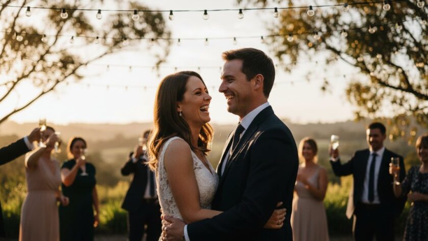 Mount Helen event photography capturing real moments, showing a joyful couple embracing during a sunset wedding reception at a grand venue near Federation University, with soft golden light and cheering guests in the background.