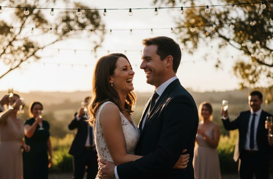 Mount Helen event photography capturing real moments, showing a joyful couple embracing during a sunset wedding reception at a grand venue near Federation University, with soft golden light and cheering guests in the background.