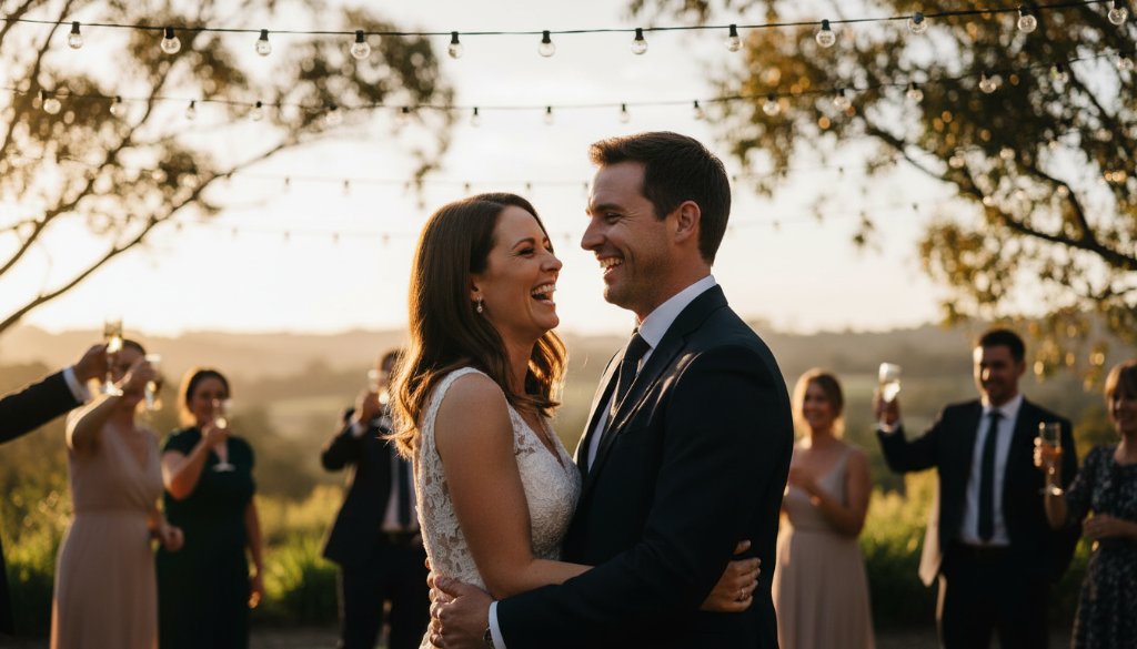 Mount Helen event photography capturing real moments, showing a joyful couple embracing during a sunset wedding reception at a grand venue near Federation University, with soft golden light and cheering guests in the background.