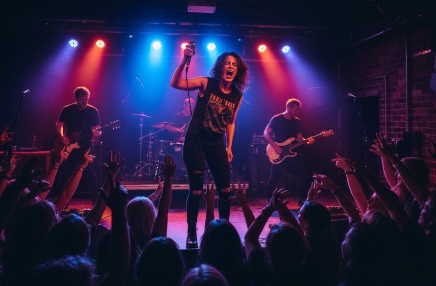 An epic, dramatically lit photograph capturing a rock band's lead singer mid-scream, bathed in vibrant stage lights at a Mount Helen live music photography dynamic shots event, showcasing raw energy and passion.