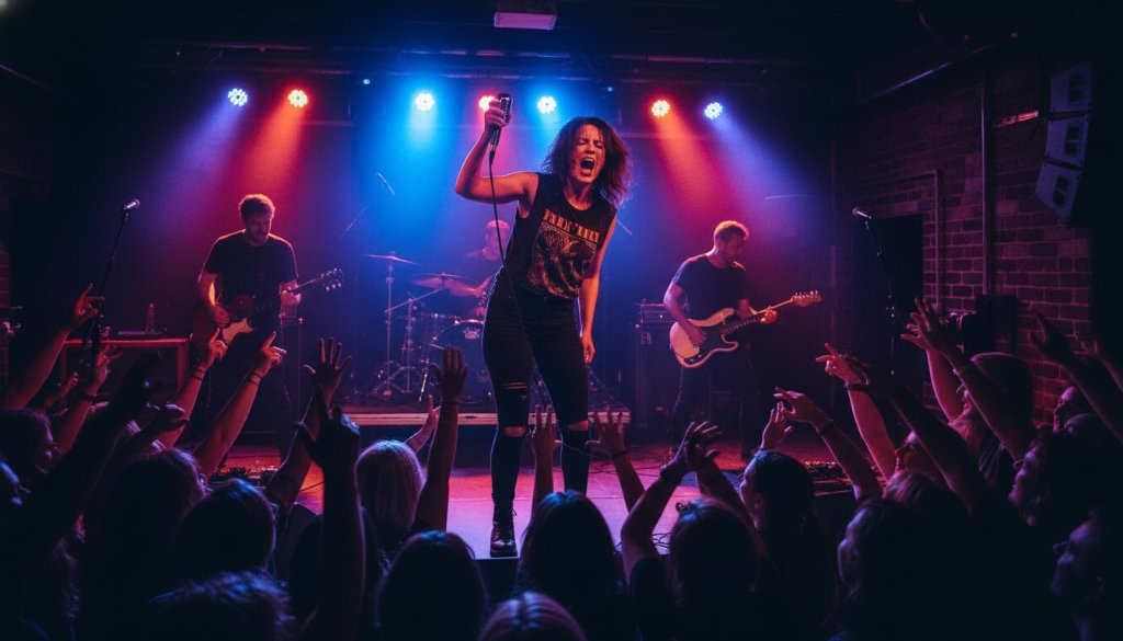 An epic, dramatically lit photograph capturing a rock band's lead singer mid-scream, bathed in vibrant stage lights at a Mount Helen live music photography dynamic shots event, showcasing raw energy and passion.