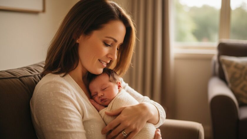 An epic moment captured in Mount Helen newborn photography natural light family portraits, showing a tender parent cradling their sleeping baby by a sunlit window, with a soft, natural glow illuminating their faces, evoking warmth and connection.
