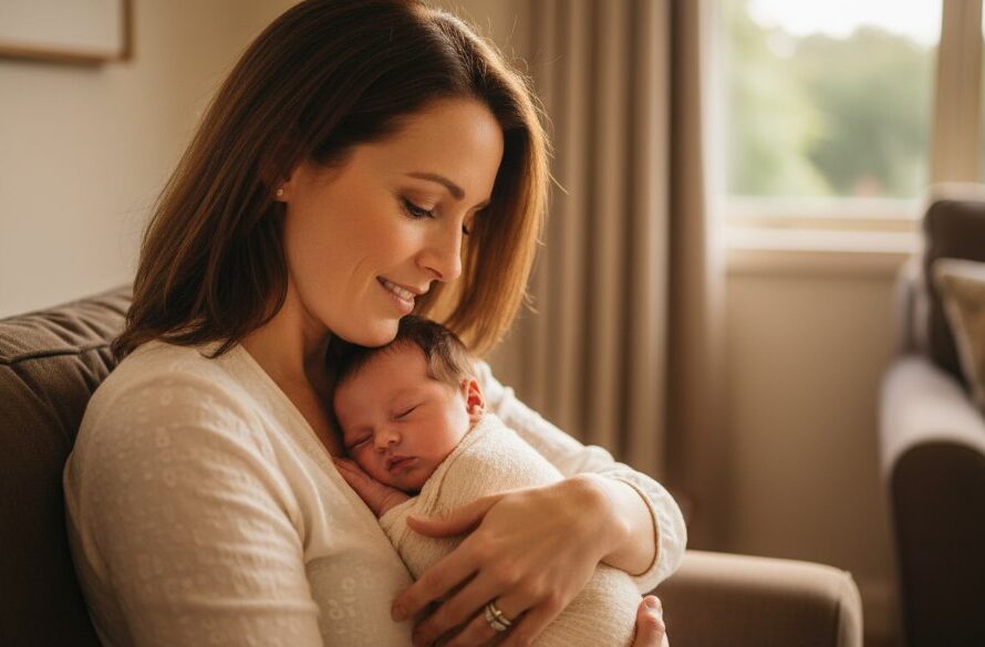 An epic moment captured in Mount Helen newborn photography natural light family portraits, showing a tender parent cradling their sleeping baby by a sunlit window, with a soft, natural glow illuminating their faces, evoking warmth and connection.