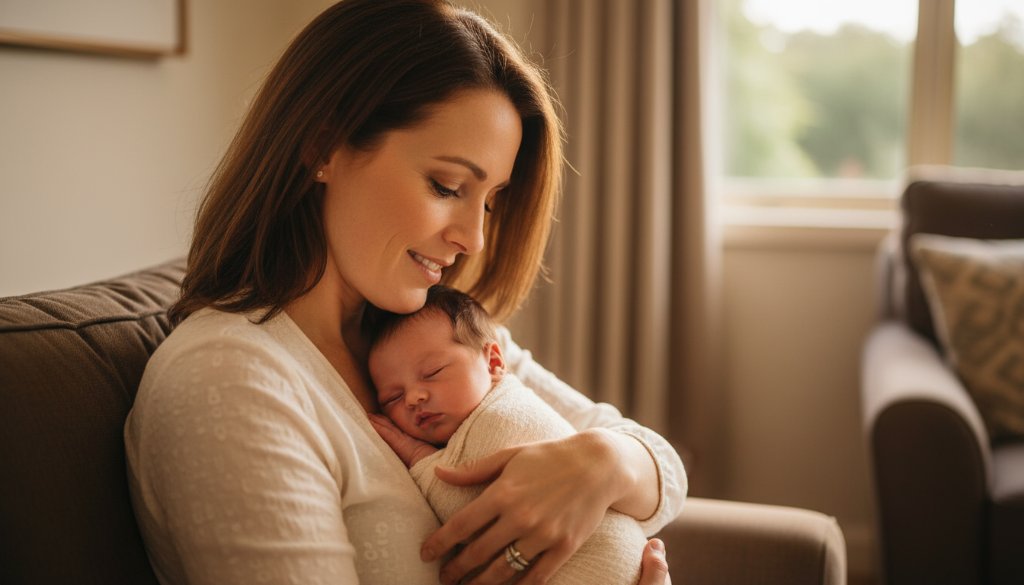 An epic moment captured in Mount Helen newborn photography natural light family portraits, showing a tender parent cradling their sleeping baby by a sunlit window, with a soft, natural glow illuminating their faces, evoking warmth and connection.