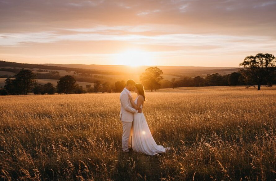 A couple embraces passionately during their Mount Helen pre-wedding photography romantic photoshoot at sunset, with golden light filtering through native Australian trees and rolling hills in the background. Professional, cinematic style.