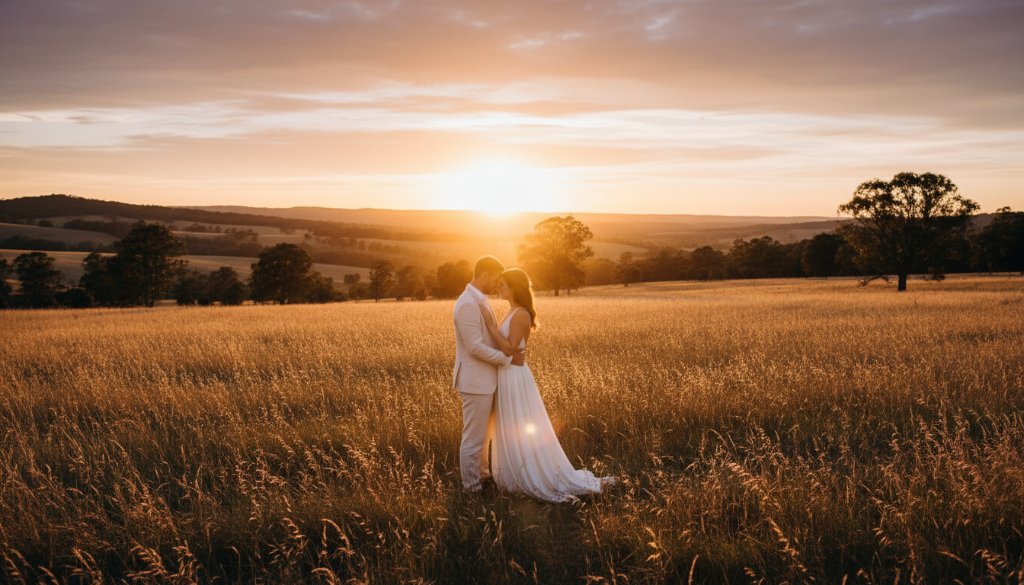 A couple embraces passionately during their Mount Helen pre-wedding photography romantic photoshoot at sunset, with golden light filtering through native Australian trees and rolling hills in the background. Professional, cinematic style.