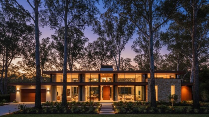 Dramatic wide-angle shot showcasing a luxurious, modern family home in Mount Helen at twilight, with warm interior lights glowing, perfectly illustrating professional Mount Helen Real Estate Photography: Elevating Ballarat Region Property Listings. The golden hour light catches the architectural details, and a clear evening sky with a hint of stars adds to the appeal.