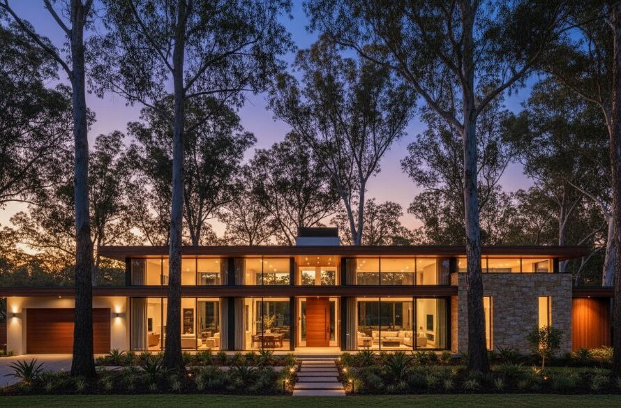 Dramatic wide-angle shot showcasing a luxurious, modern family home in Mount Helen at twilight, with warm interior lights glowing, perfectly illustrating professional Mount Helen Real Estate Photography: Elevating Ballarat Region Property Listings. The golden hour light catches the architectural details, and a clear evening sky with a hint of stars adds to the appeal.
