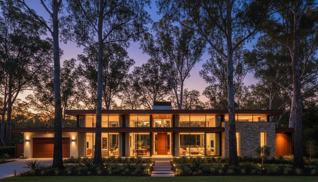 Dramatic wide-angle shot showcasing a luxurious, modern family home in Mount Helen at twilight, with warm interior lights glowing, perfectly illustrating professional Mount Helen Real Estate Photography: Elevating Ballarat Region Property Listings. The golden hour light catches the architectural details, and a clear evening sky with a hint of stars adds to the appeal.