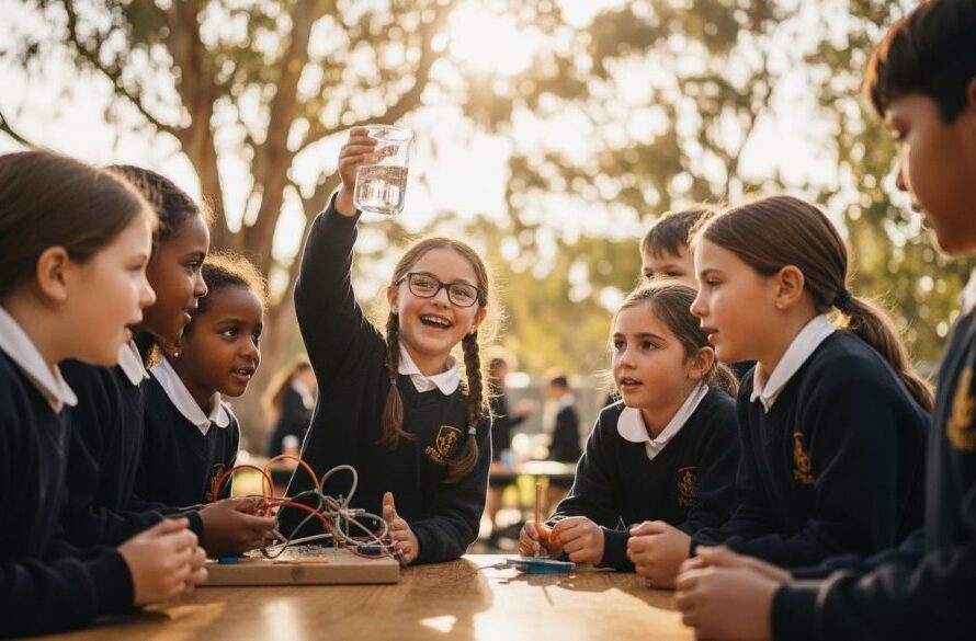 Dramatic, cinematic close-up of a student in Mount Helen, eyes sparkling with pure joy and accomplishment, holding a proudly displayed artwork at a school fair, dappled sunlight filtering through eucalyptus trees, bokeh background of other students laughing. The Mount Helen school photography capturing genuine student joy is evident in this candid moment.