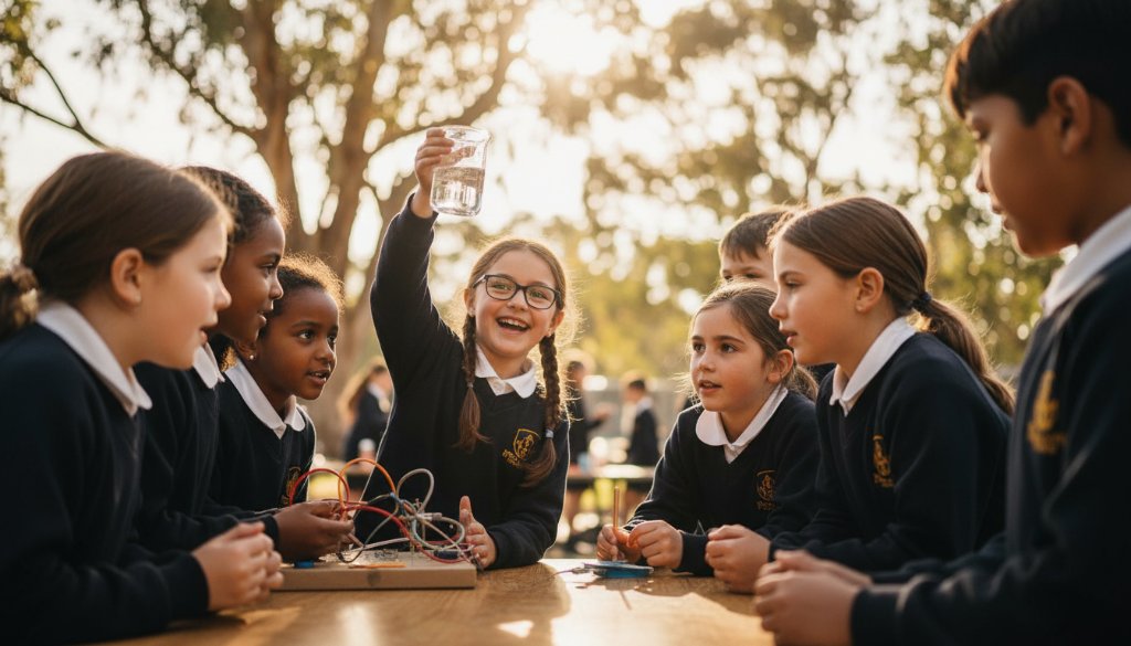 Dramatic, cinematic close-up of a student in Mount Helen, eyes sparkling with pure joy and accomplishment, holding a proudly displayed artwork at a school fair, dappled sunlight filtering through eucalyptus trees, bokeh background of other students laughing. The Mount Helen school photography capturing genuine student joy is evident in this candid moment.