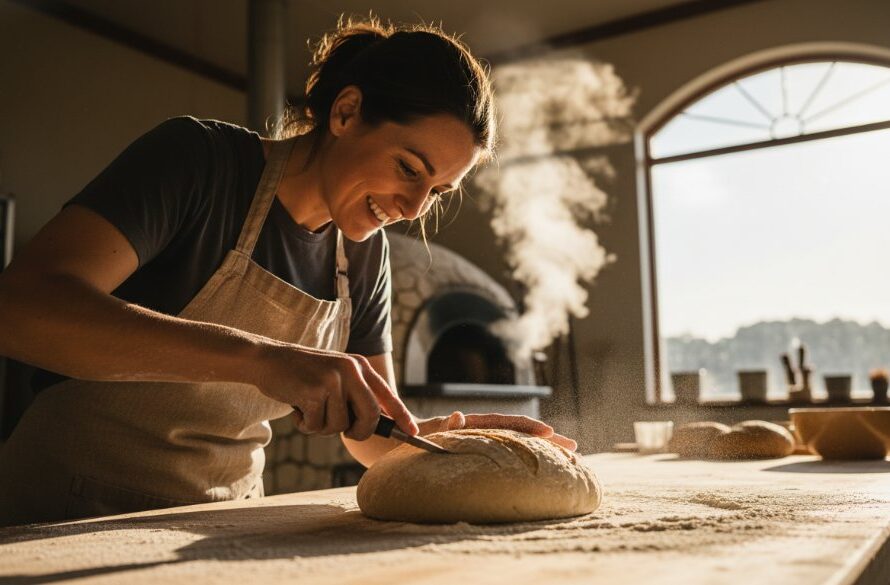 A dynamic, wide-angle shot of a passionate artisan working on their craft in a sunlit Mount Helen studio, showcasing their unique brand identity through professional Mount Helen small business branding photography, with dramatic backlighting highlighting their focus.
