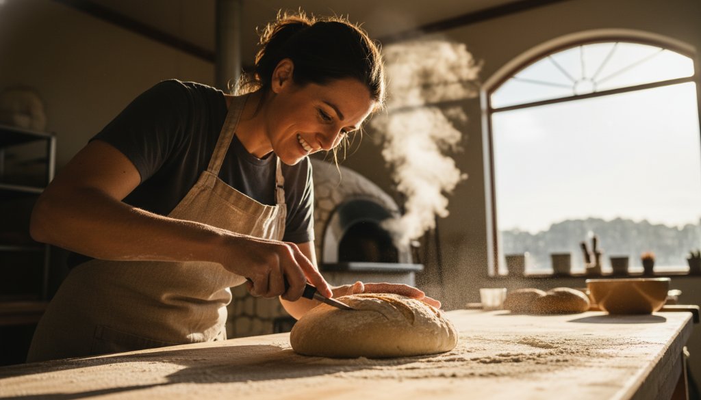 A dynamic, wide-angle shot of a passionate artisan working on their craft in a sunlit Mount Helen studio, showcasing their unique brand identity through professional Mount Helen small business branding photography, with dramatic backlighting highlighting their focus.