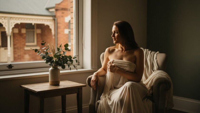 A stunning, soft-focus portrait showcasing Mount Helen Victoria empowering boudoir photography, featuring a woman bathed in warm, ethereal light, exuding confidence and grace in a tastefully styled indoor setting, with dappled sunlight creating dramatic highlights.