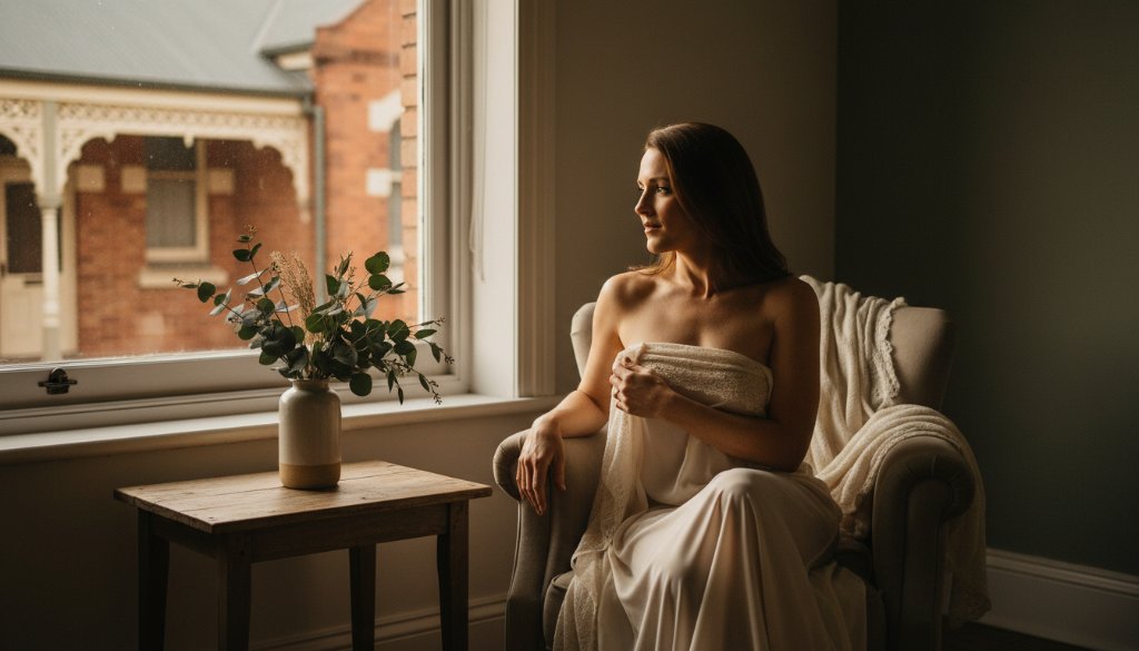 A stunning, soft-focus portrait showcasing Mount Helen Victoria empowering boudoir photography, featuring a woman bathed in warm, ethereal light, exuding confidence and grace in a tastefully styled indoor setting, with dappled sunlight creating dramatic highlights.