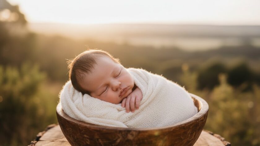 A heartwarming, professionally color-graded photograph capturing a serene newborn baby wrapped in a soft blanket, gently held by parents' hands against a softly blurred natural backdrop of Mount Helen, Victoria, evoking the beauty of mount helen victoria newborn photography heartwarming moments with dramatic, golden hour lighting.