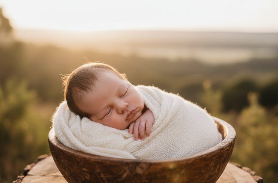 A heartwarming, professionally color-graded photograph capturing a serene newborn baby wrapped in a soft blanket, gently held by parents' hands against a softly blurred natural backdrop of Mount Helen, Victoria, evoking the beauty of mount helen victoria newborn photography heartwarming moments with dramatic, golden hour lighting.