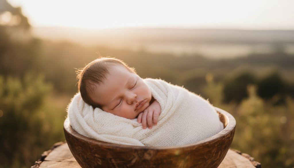 A heartwarming, professionally color-graded photograph capturing a serene newborn baby wrapped in a soft blanket, gently held by parents' hands against a softly blurred natural backdrop of Mount Helen, Victoria, evoking the beauty of mount helen victoria newborn photography heartwarming moments with dramatic, golden hour lighting.