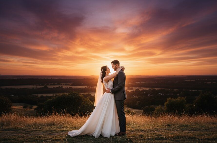 A dramatic sunset portrait of a newlywed couple embracing on a hill overlooking the Mount Helen landscape, perfectly exemplifying Mount Helen Wedding Photography Capturing Ballarat Romance with professional lighting and emotional depth.