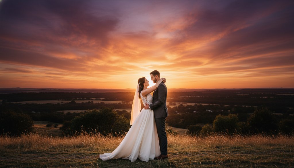 A dramatic sunset portrait of a newlywed couple embracing on a hill overlooking the Mount Helen landscape, perfectly exemplifying Mount Helen Wedding Photography Capturing Ballarat Romance with professional lighting and emotional depth.
