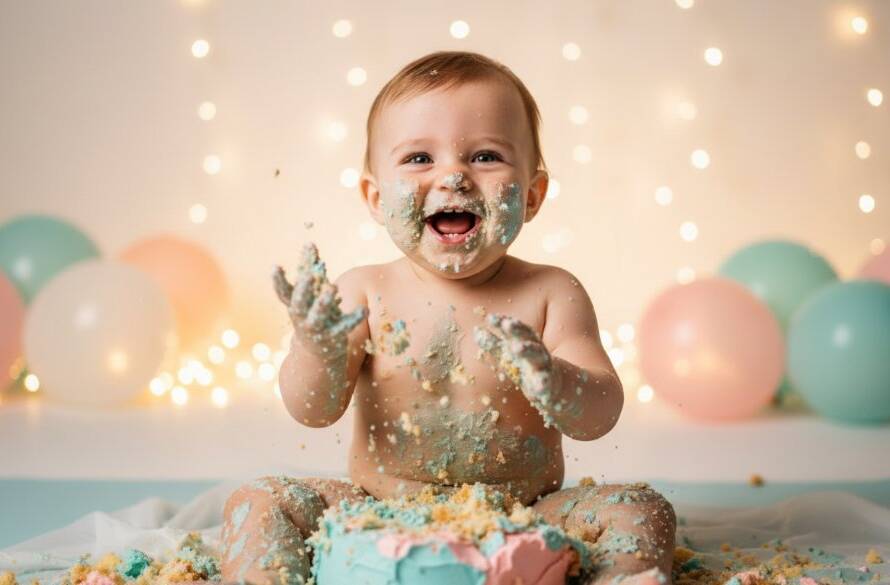 An epic moment of pure joy at a Mount Waverley cake smash photography memorable first birthday session, featuring a baby gleefully smashing a pastel blue cake, covered in frosting, with dramatic rim lighting and a whimsical, softly blurred background.