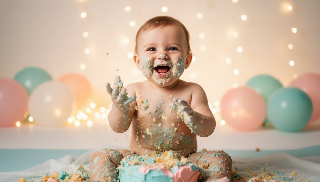 An epic moment of pure joy at a Mount Waverley cake smash photography memorable first birthday session, featuring a baby gleefully smashing a pastel blue cake, covered in frosting, with dramatic rim lighting and a whimsical, softly blurred background.