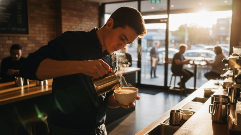 Dynamic wide-angle shot capturing the essence of Mount Waverley commercial photography services for local businesses, showcasing a vibrant café interior with warm, cinematic lighting, and a focused barista crafting a coffee, embodying modern branding.