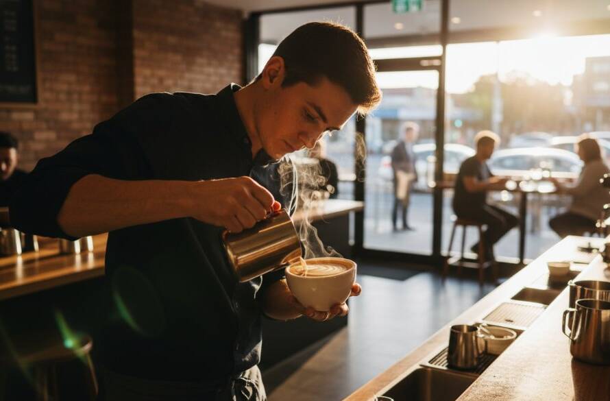 Dynamic wide-angle shot capturing the essence of Mount Waverley commercial photography services for local businesses, showcasing a vibrant café interior with warm, cinematic lighting, and a focused barista crafting a coffee, embodying modern branding.